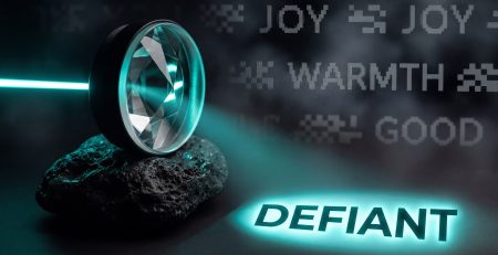 A high-end macro photograph of a prism lens on dark volcanic rock, focusing a neon-teal beam of light solely on the word 'DEFIANT' to represent owning one unmistakable feeling in brand strategy.