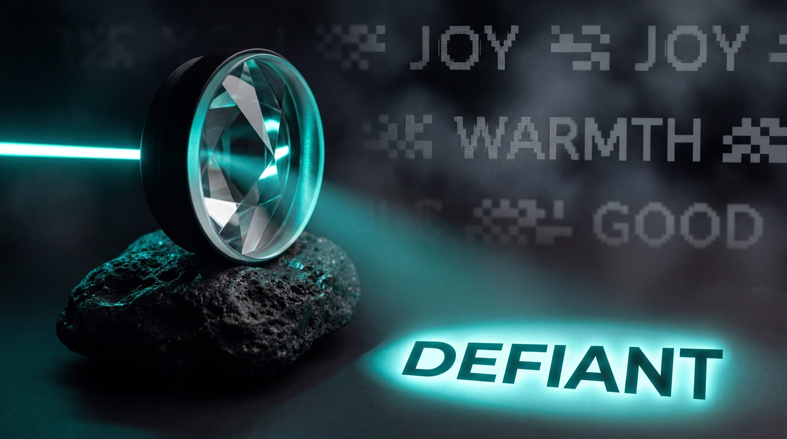 A high-end macro photograph of a prism lens on dark volcanic rock, focusing a neon-teal beam of light solely on the word 'DEFIANT' to represent owning one unmistakable feeling in brand strategy.