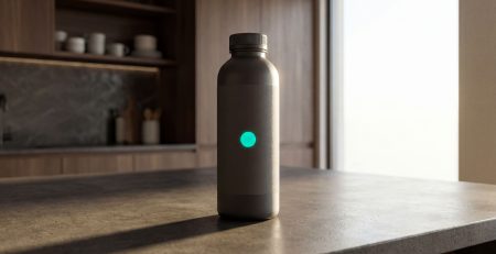 Minimalist matte-charcoal bottle with a sharp neon-teal circle logo on a dark concrete kitchen counter, representing CPG brand identity in a home environment.