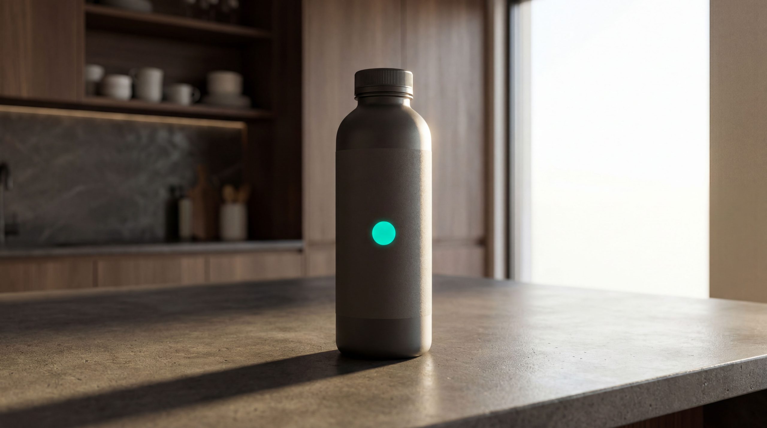 Minimalist matte-charcoal bottle with a sharp neon-teal circle logo on a dark concrete kitchen counter, representing CPG brand identity in a home environment.